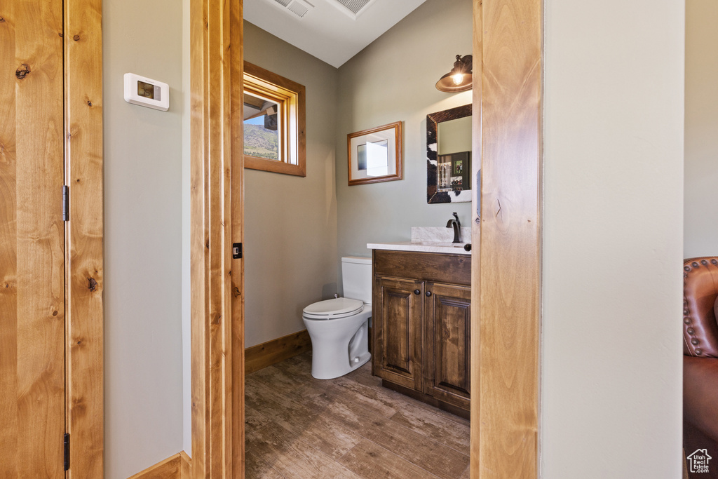 Bathroom featuring wood finished floors and vanity