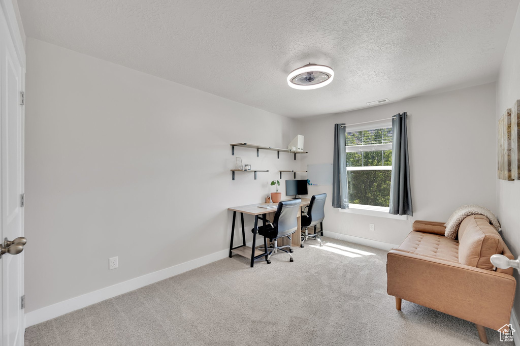 Carpeted office space featuring a textured ceiling and baseboards