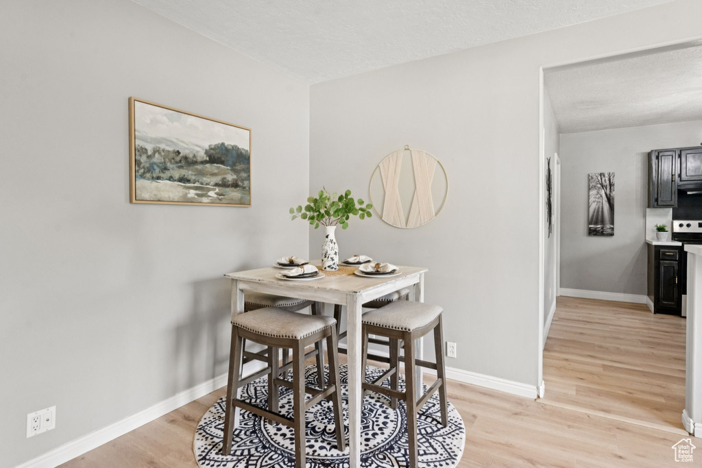 Dining space featuring light wood finished floors and baseboards