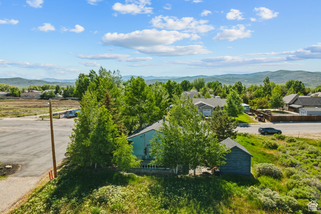 Drone / aerial view of a mountainous background