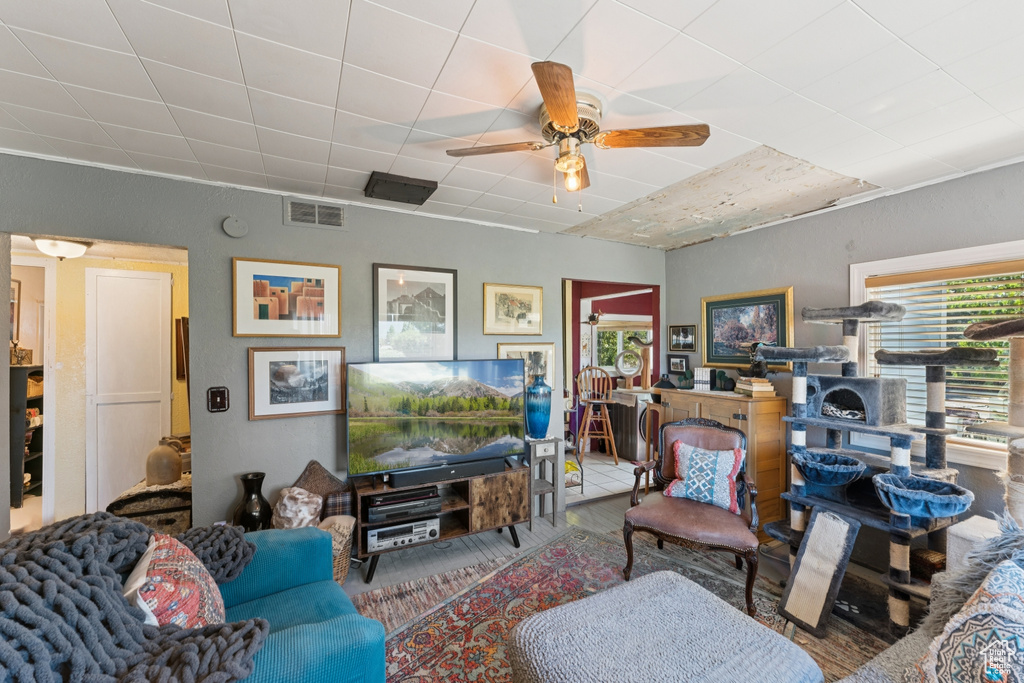 Living room featuring a ceiling fan and wood finished floors