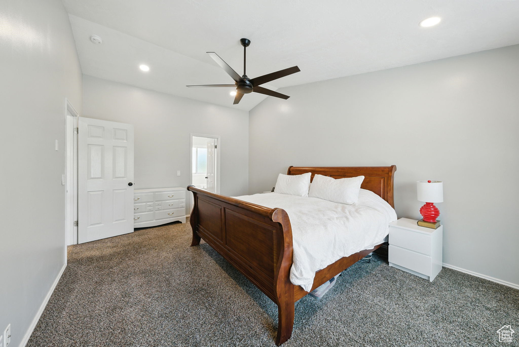 Bedroom featuring carpet floors, recessed lighting, ceiling fan, and vaulted ceiling