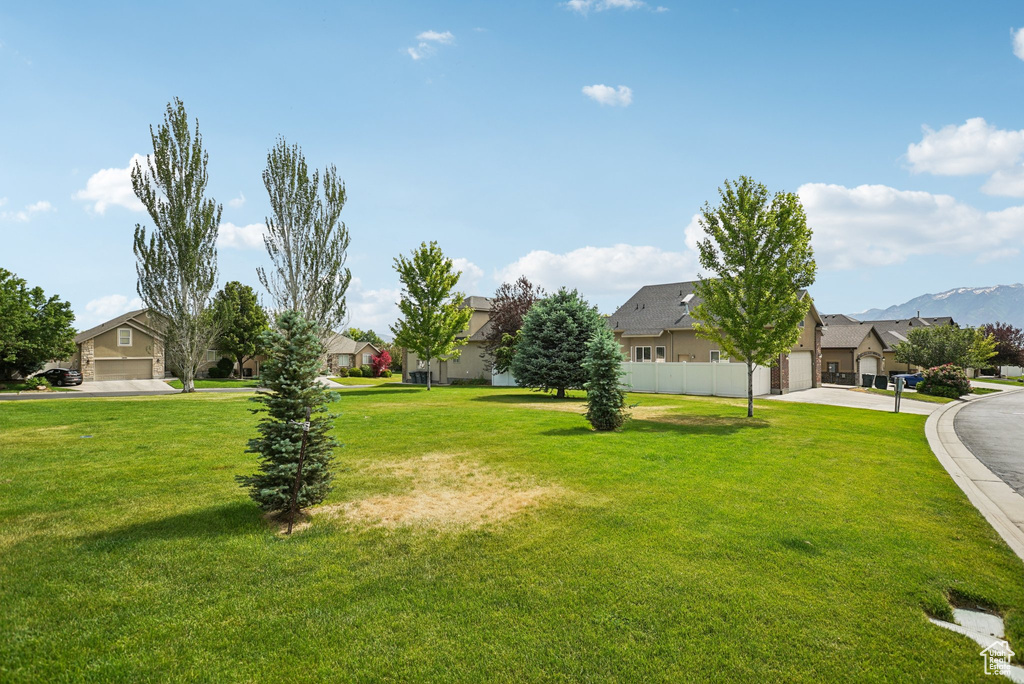 View of yard with a residential view, driveway, and an attached garage