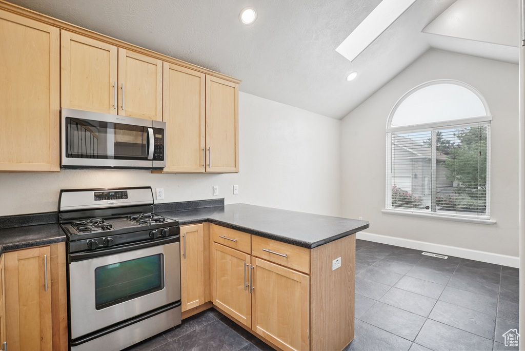 Kitchen featuring stainless steel appliances, light brown cabinets, a skylight, a peninsula, and dark countertops