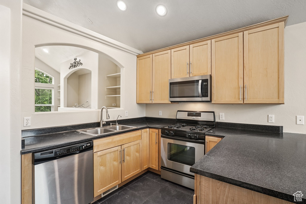 Kitchen with stainless steel appliances, light brown cabinets, dark countertops, and recessed lighting
