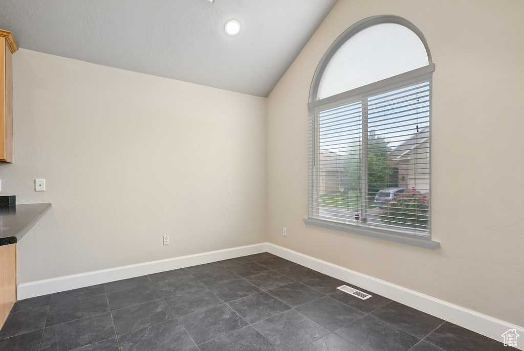 Unfurnished dining area featuring vaulted ceiling, healthy amount of natural light, and dark tile patterned flooring