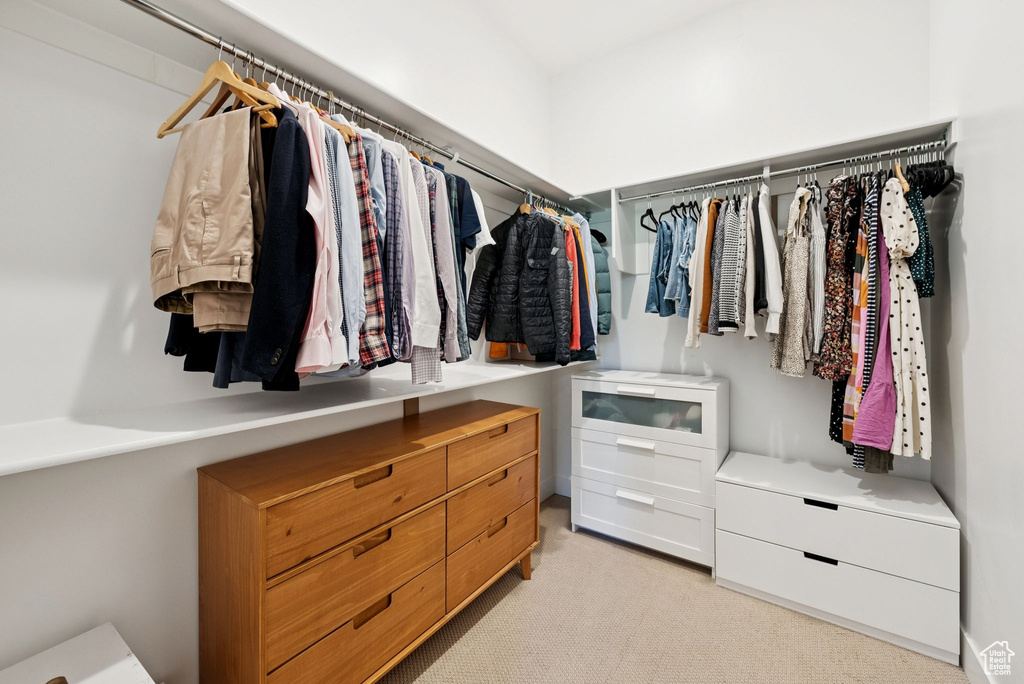 Spacious closet featuring light colored carpet