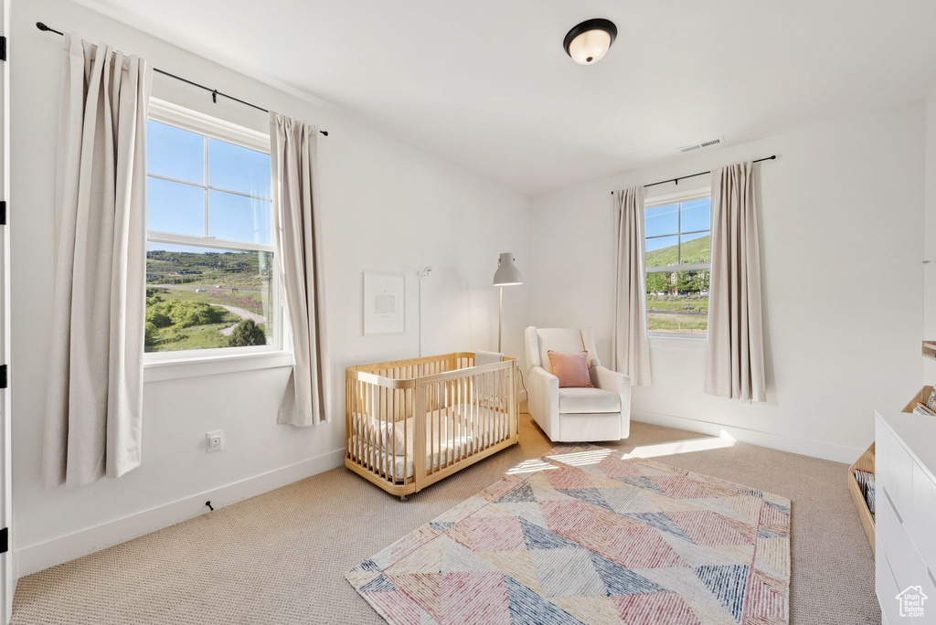 Bedroom with carpet flooring and a crib