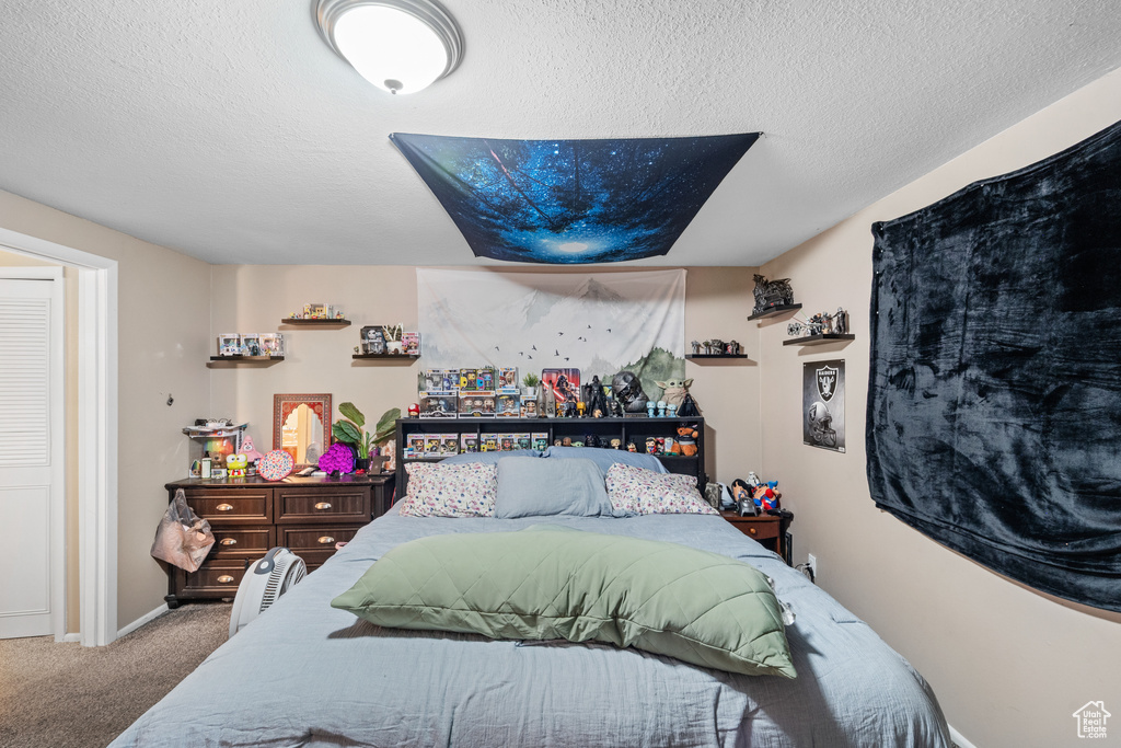 Carpeted bedroom with a textured ceiling