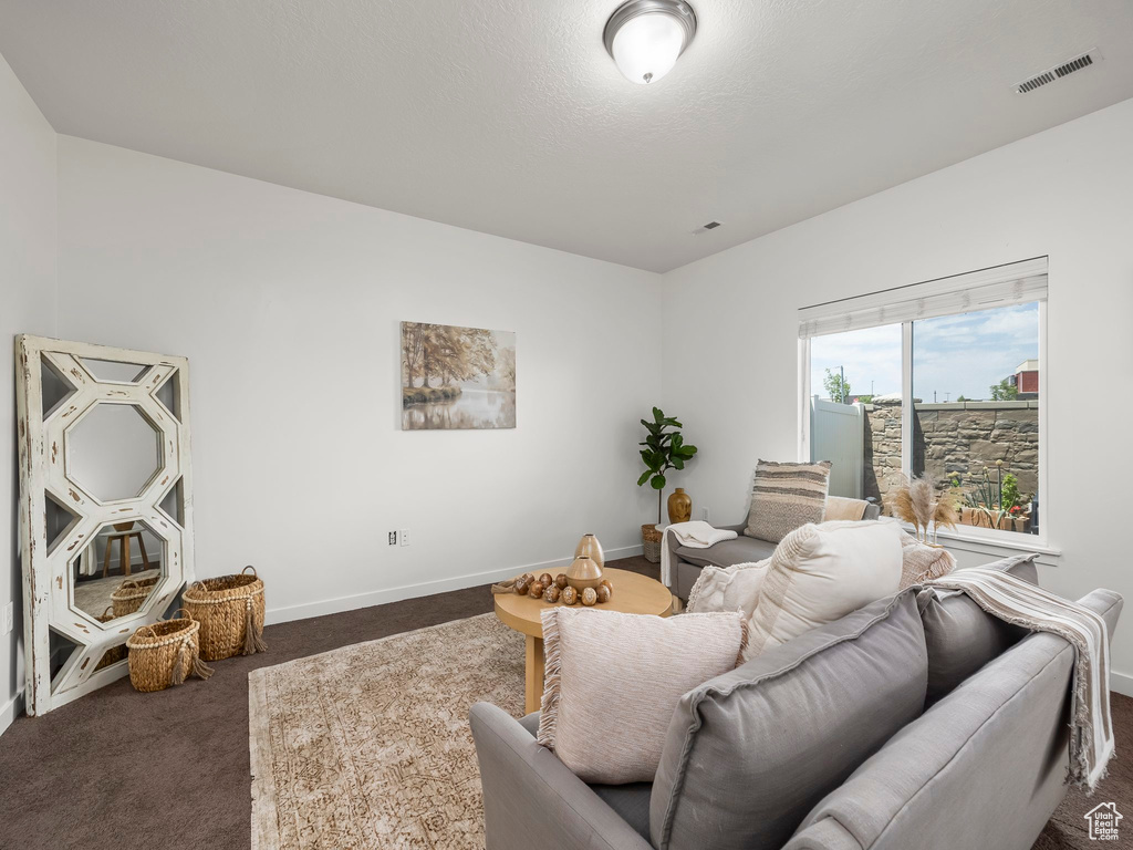Living room featuring dark colored carpet and baseboards