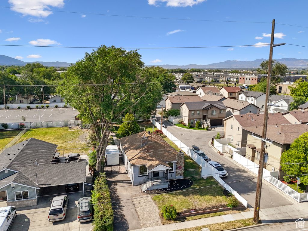 Aerial view of residential area with mountains