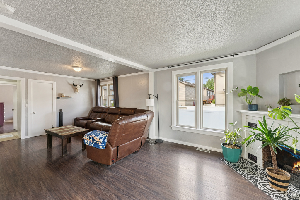Living area featuring a textured ceiling, a fireplace, and dark wood-type flooring