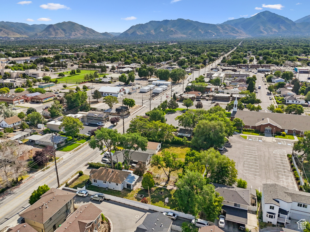 Aerial view of residential area with mountains