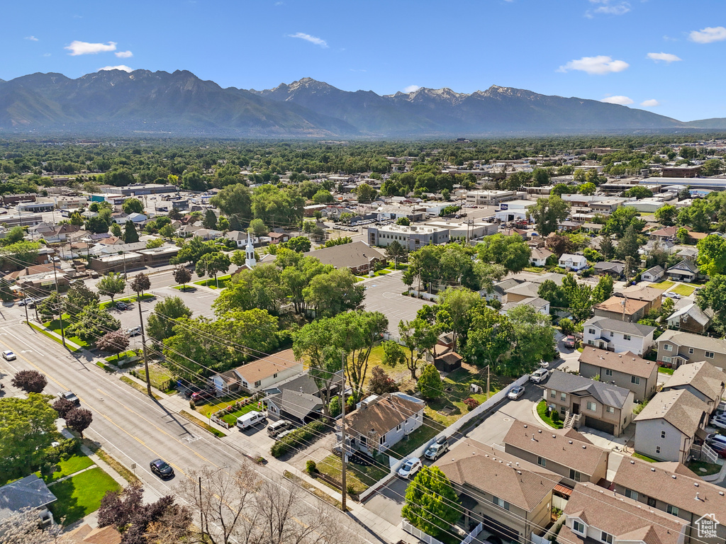 Aerial view of residential area with mountains