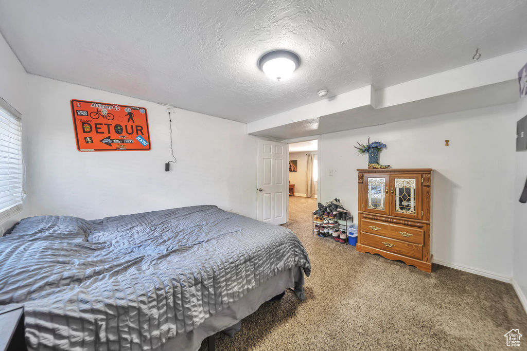 Carpeted bedroom with a textured ceiling and baseboards
