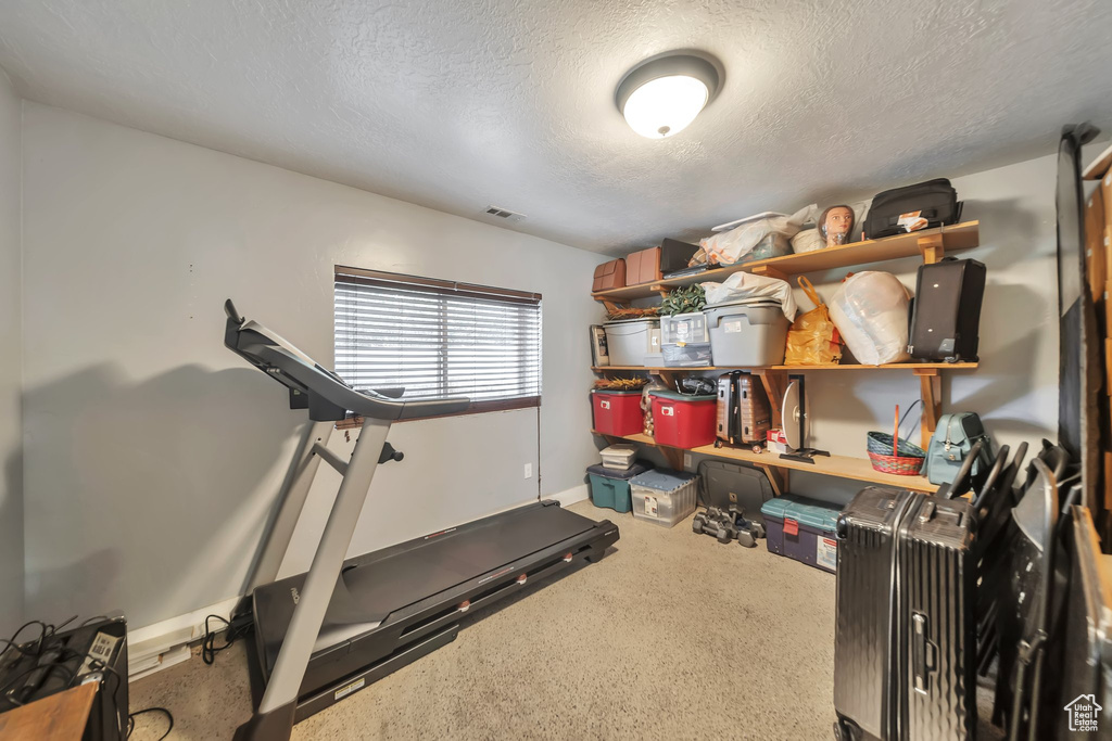 Exercise area with a textured ceiling and carpet