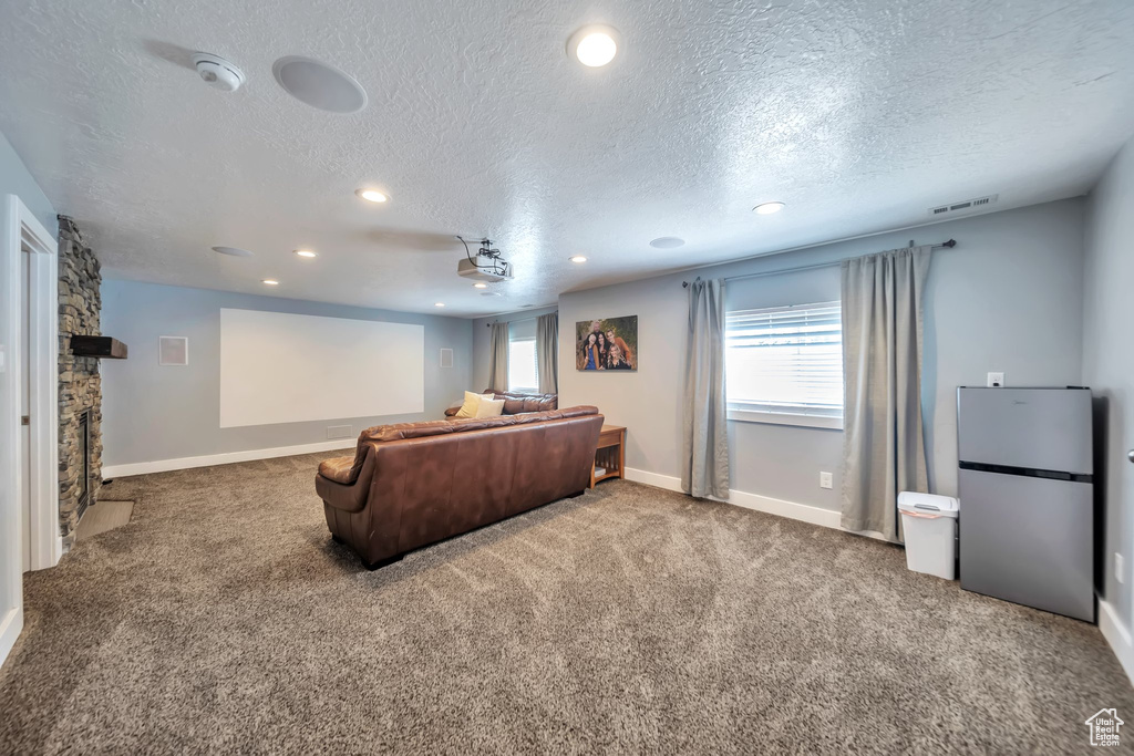 Carpeted cinema with a textured ceiling and recessed lighting