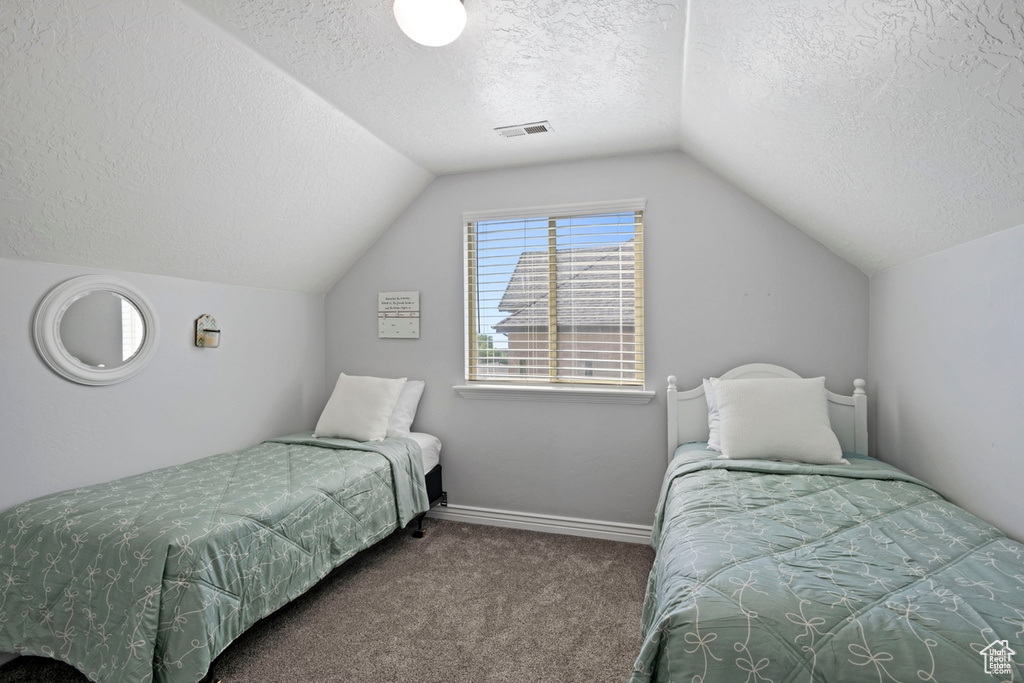Carpeted bedroom featuring a textured ceiling and lofted ceiling