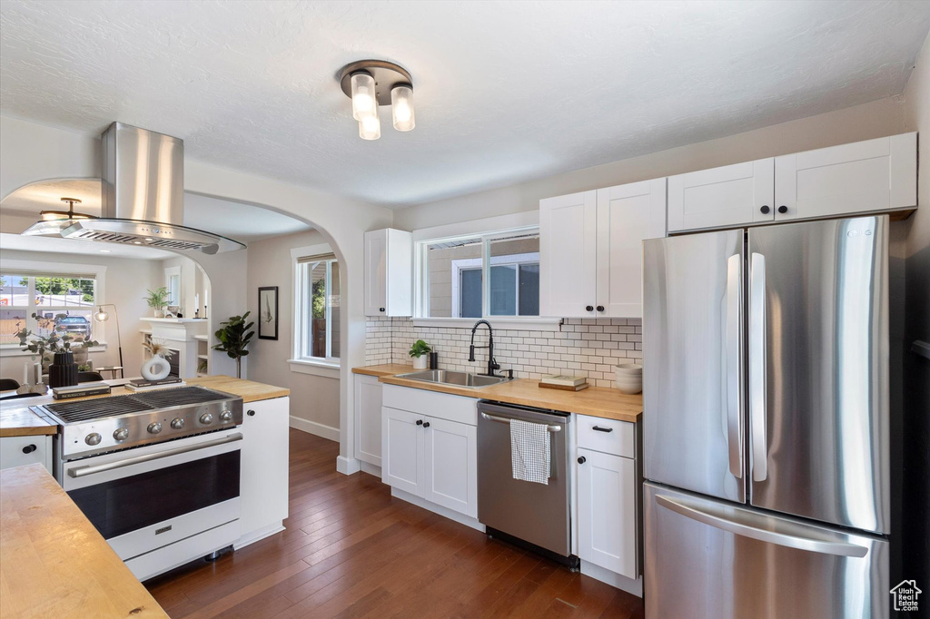 Kitchen featuring stainless steel appliances, butcher block countertops, island exhaust hood, and arched walkways