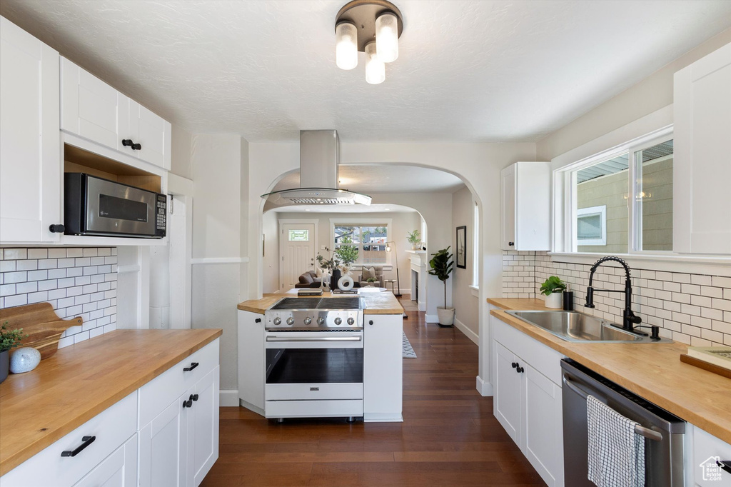 Kitchen with wood counters, appliances with stainless steel finishes, island range hood, arched walkways, and decorative backsplash