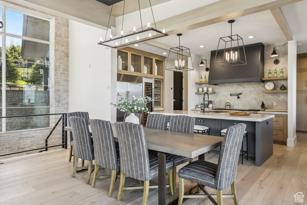 Dining room featuring light wood finished floors, recessed lighting, and a chandelier