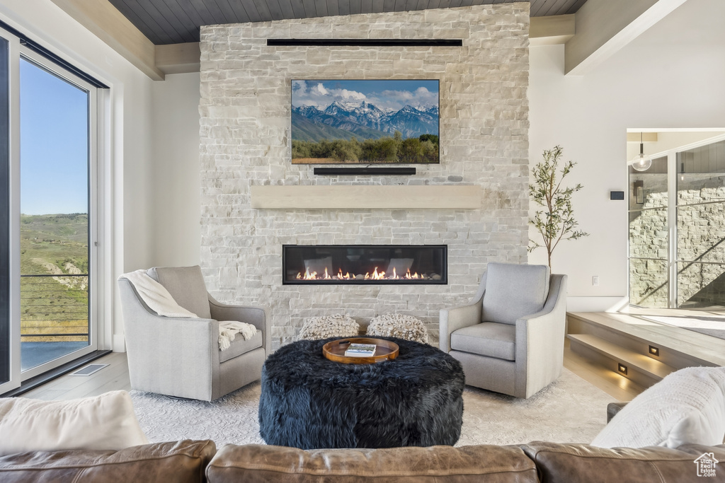 Living area with wooden ceiling, a fireplace, and wood finished floors