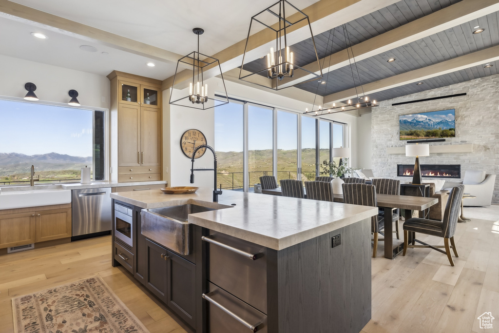 Kitchen with appliances with stainless steel finishes, healthy amount of natural light, a stone fireplace, beam ceiling, and light wood finished floors