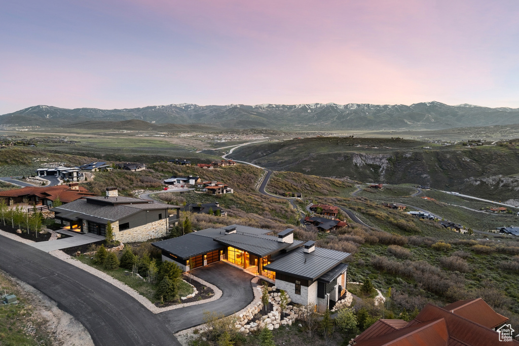 Aerial view at dusk of a mountain view