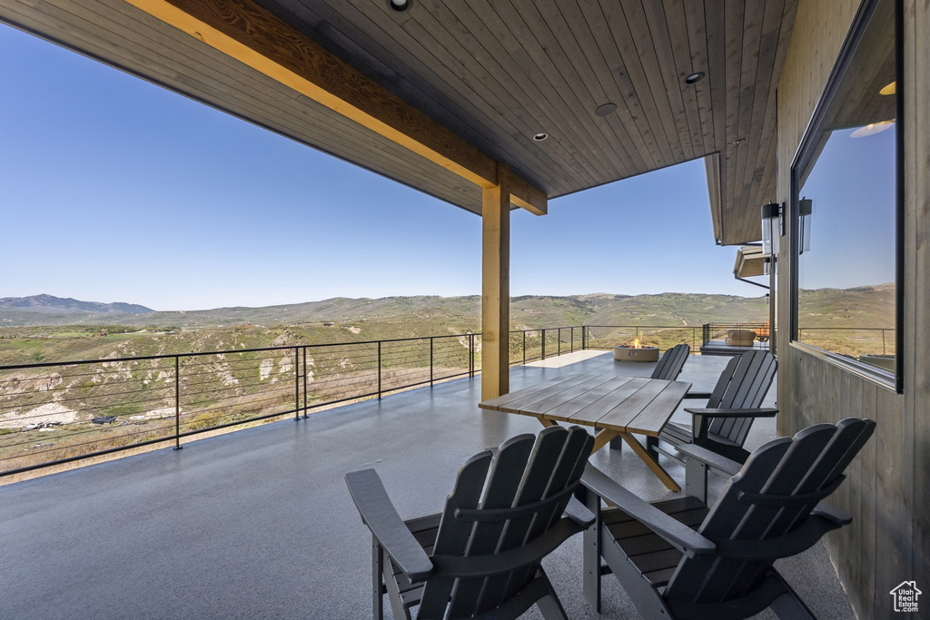 View of patio featuring a mountain view