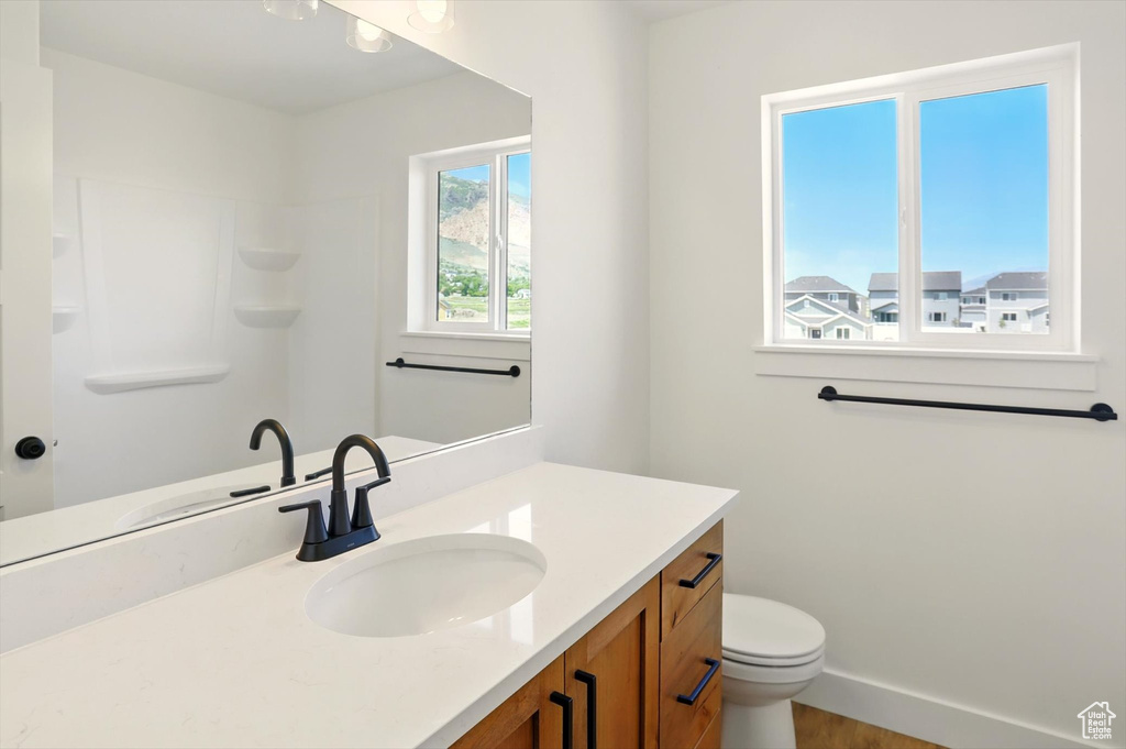 Bathroom with vanity, a shower, and wood finished floors