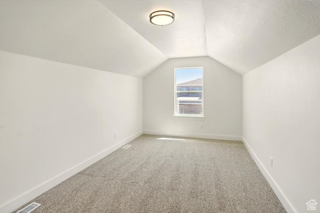 Additional living space featuring light colored carpet, vaulted ceiling, and a textured ceiling