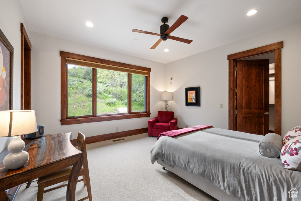 Bedroom with recessed lighting, carpet flooring, and a ceiling fan