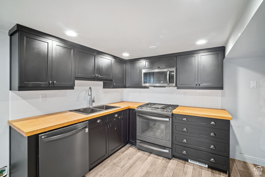 Kitchen with stainless steel appliances, wood counters, a sink, light wood-type flooring, and backsplash