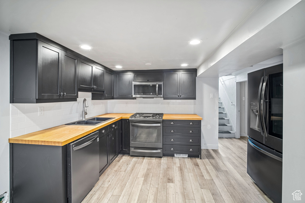 Kitchen featuring appliances with stainless steel finishes, a sink, wooden counters, light wood-style flooring, and backsplash