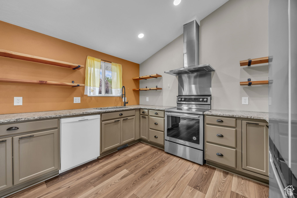 Kitchen featuring open shelves, dishwasher, extractor fan, electric range, and recessed lighting