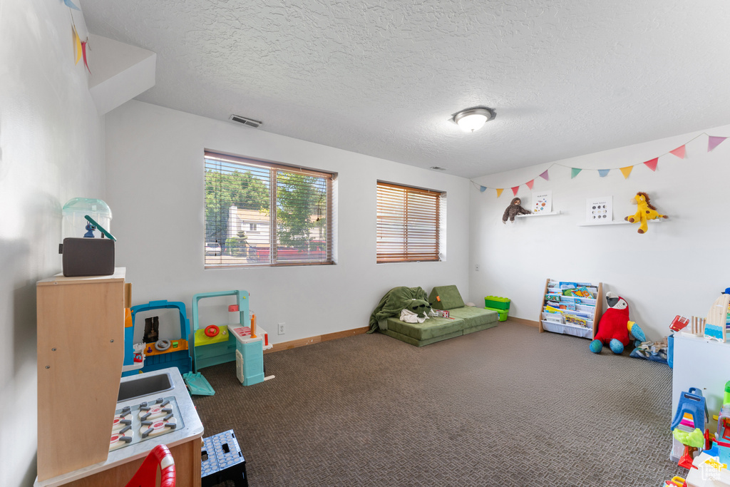 Game room with carpet floors, a textured ceiling, and baseboards