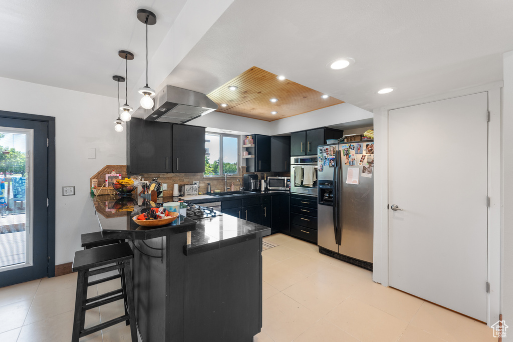 Kitchen with appliances with stainless steel finishes, dark countertops, a peninsula, a sink, and dark cabinets