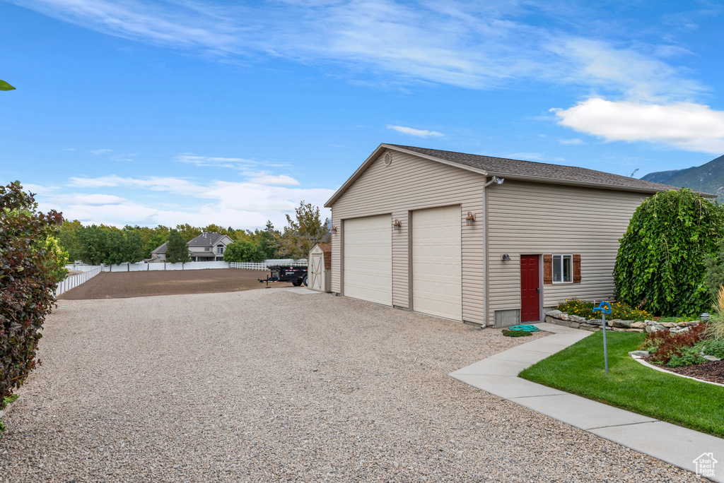 View of detached garage