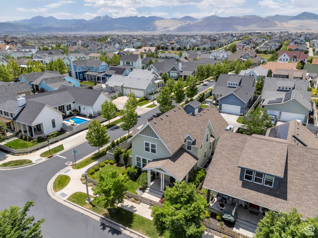 Aerial view of residential area with mountains