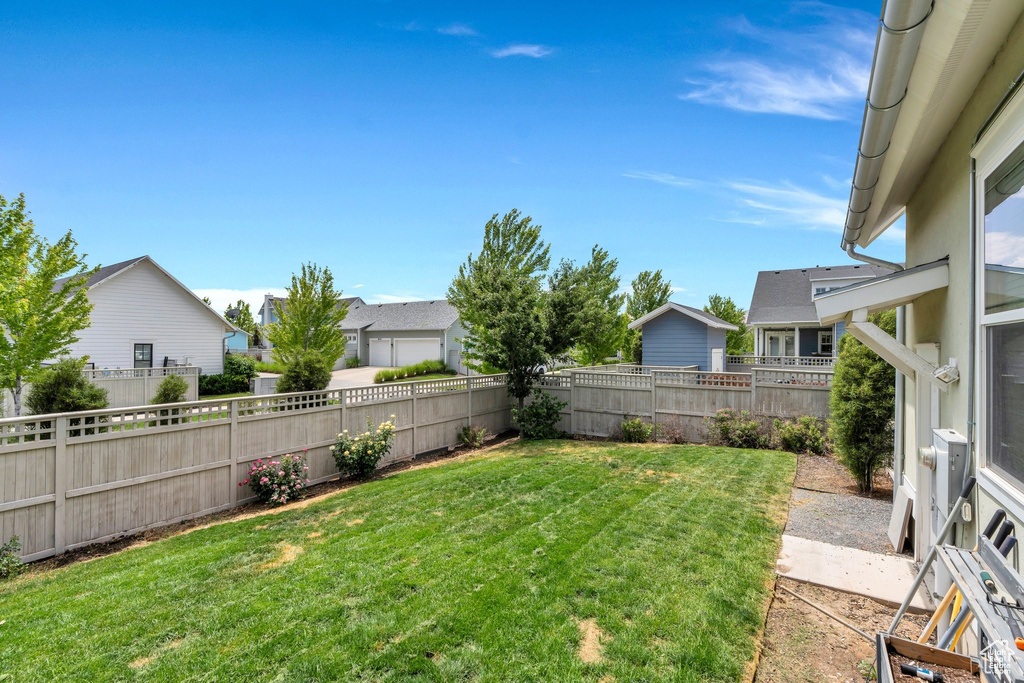Fenced backyard with a residential view