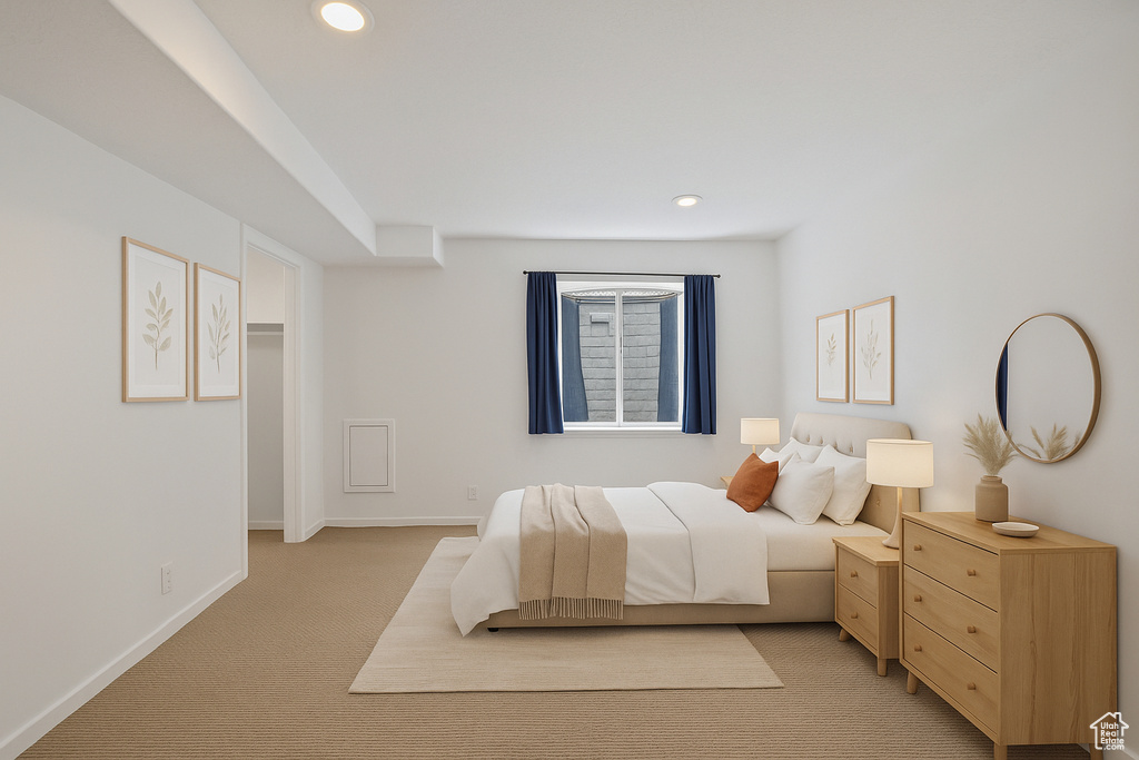 Bedroom featuring light carpet and recessed lighting