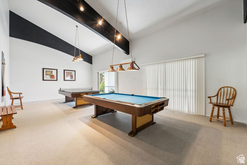 Playroom with carpet flooring, billiards, high vaulted ceiling, and beamed ceiling