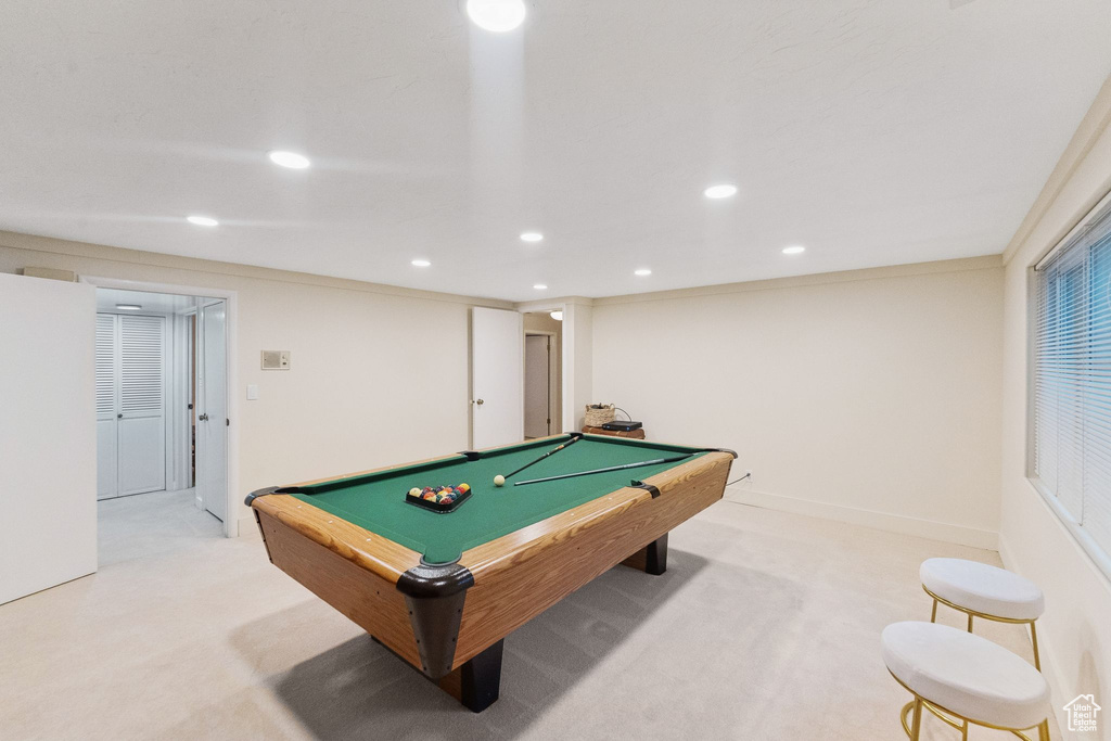 Rec room featuring light colored carpet, recessed lighting, and billiards table