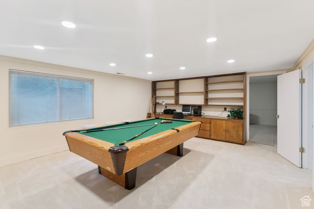 Rec room featuring recessed lighting, pool table, light colored carpet, and baseboards