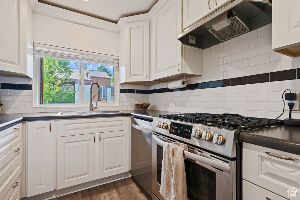 Kitchen featuring appliances with stainless steel finishes, under cabinet range hood, dark countertops, white cabinetry, and ornamental molding