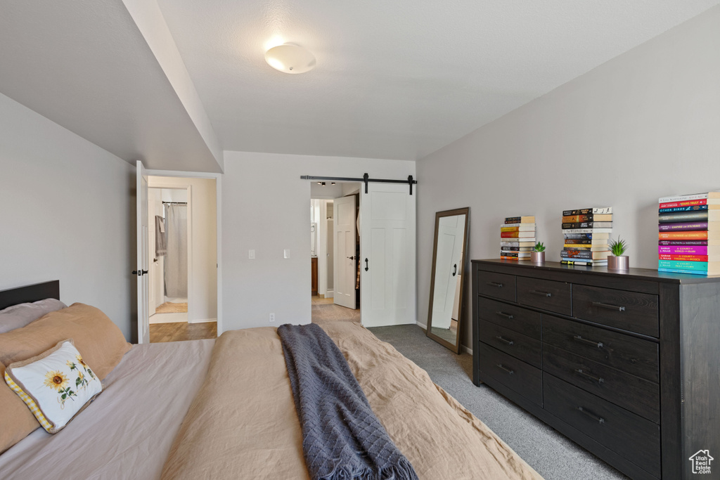 Bedroom with a barn door and light colored carpet