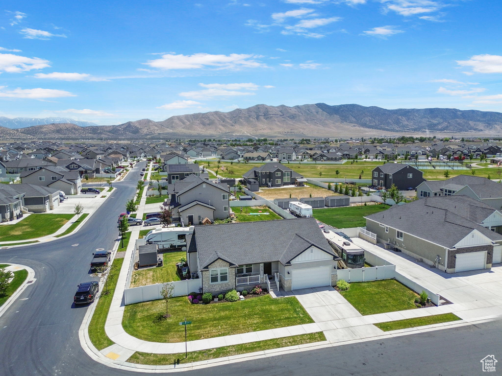Aerial perspective of suburban area featuring mountains