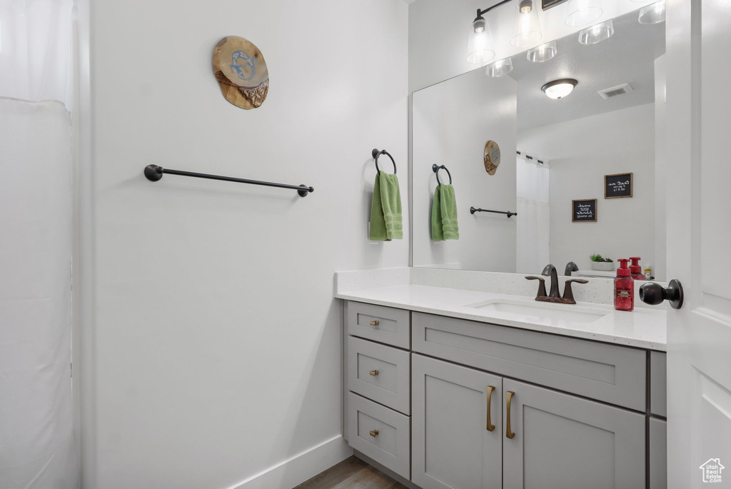 Bathroom with vanity and wood finished floors