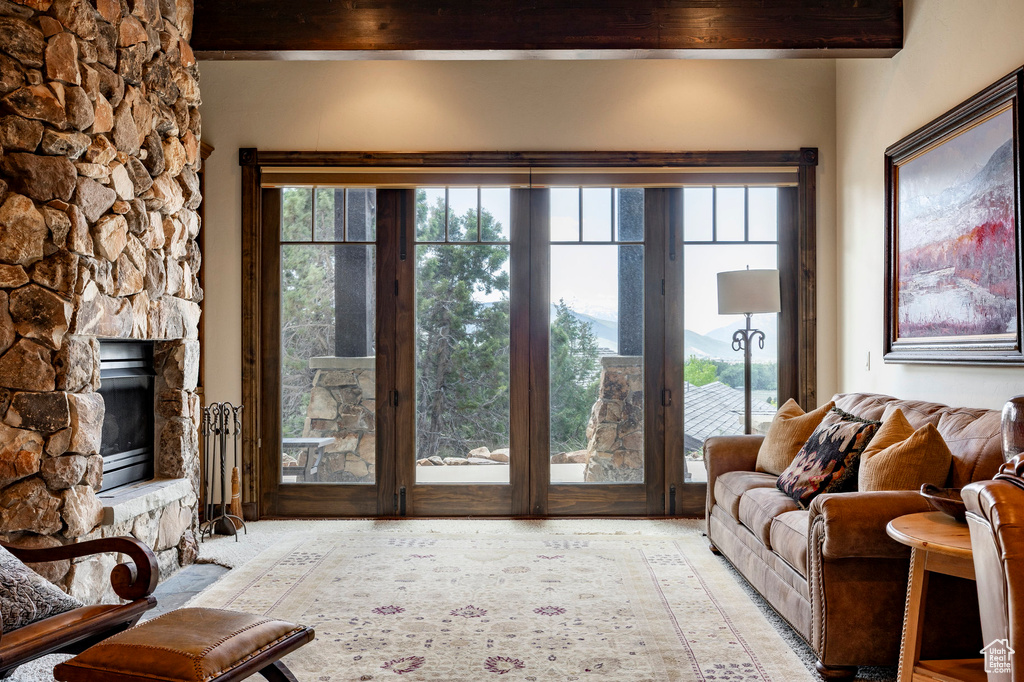 Living room featuring a fireplace and plenty of natural light