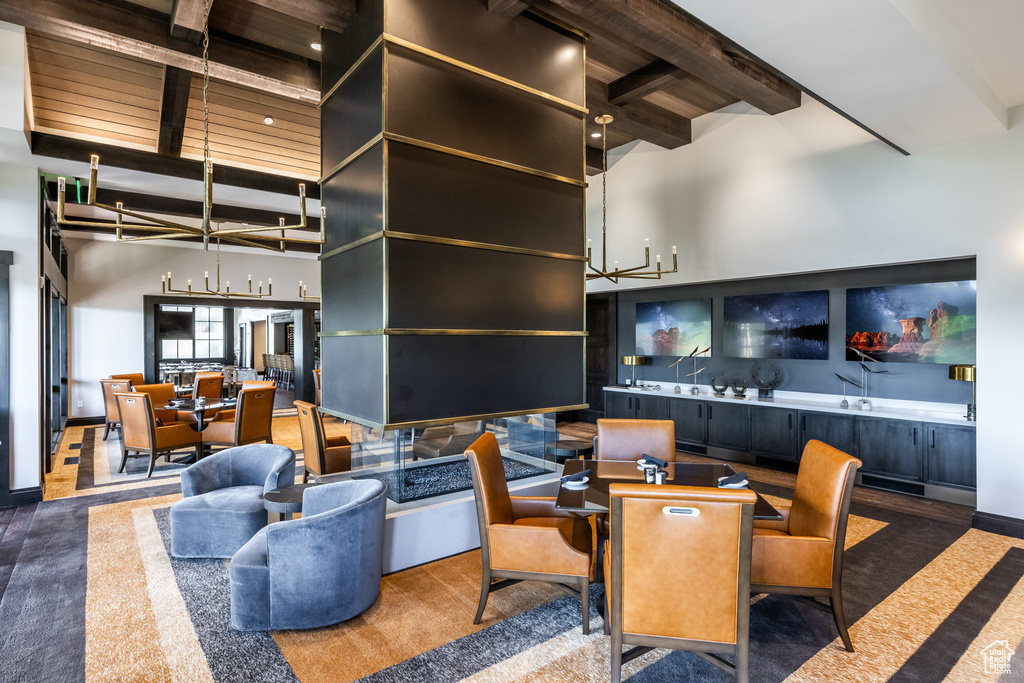 Building lobby with a wooden ceiling with exposed beams